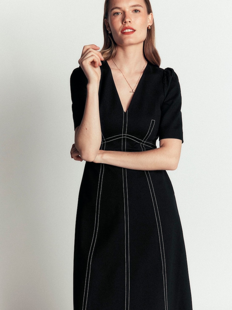 Boden Black Puff Sleeve Ponte Midi Dress - Image 1 of 4