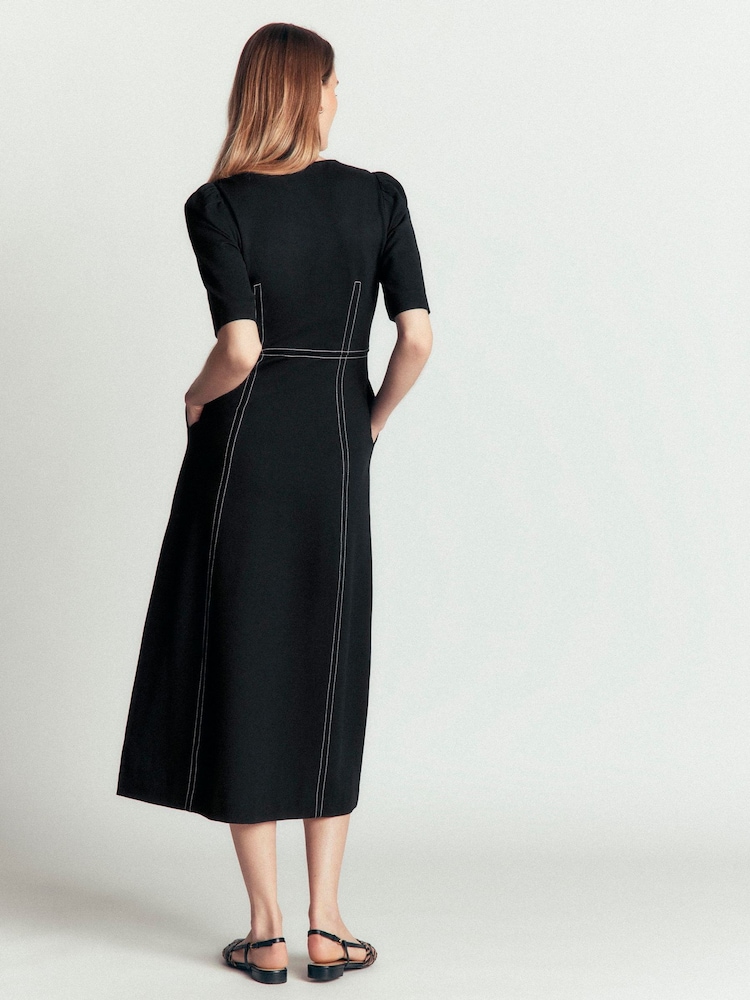 Boden Black Puff Sleeve Ponte Midi Dress - Image 2 of 4