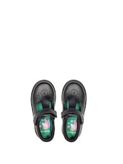 Toezone Lulu Vegan Flower Detail T Bar Rip Tape Fastening With Printed Unicorn Insocks Black School Shoes - Imagen 2 de 7