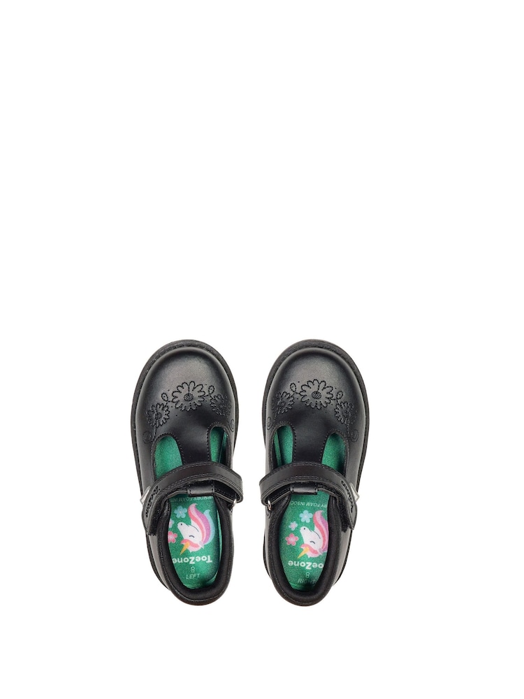 Toezone Lulu Vegan Flower Detail T Bar Rip Tape Fastening With Printed Unicorn Insocks Black School Shoes - Imagen 2 de 7