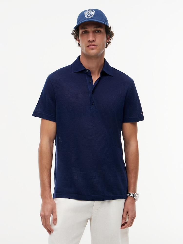 Tommy Hilfiger Blue Smart Casual Regular Fit Linen Blend Polo Shirt - Image 1 of 5 Tommy Hilfiger Blue Smart Casual Regular Fit Linen Blend Polo Shirt - Image 1 of 5