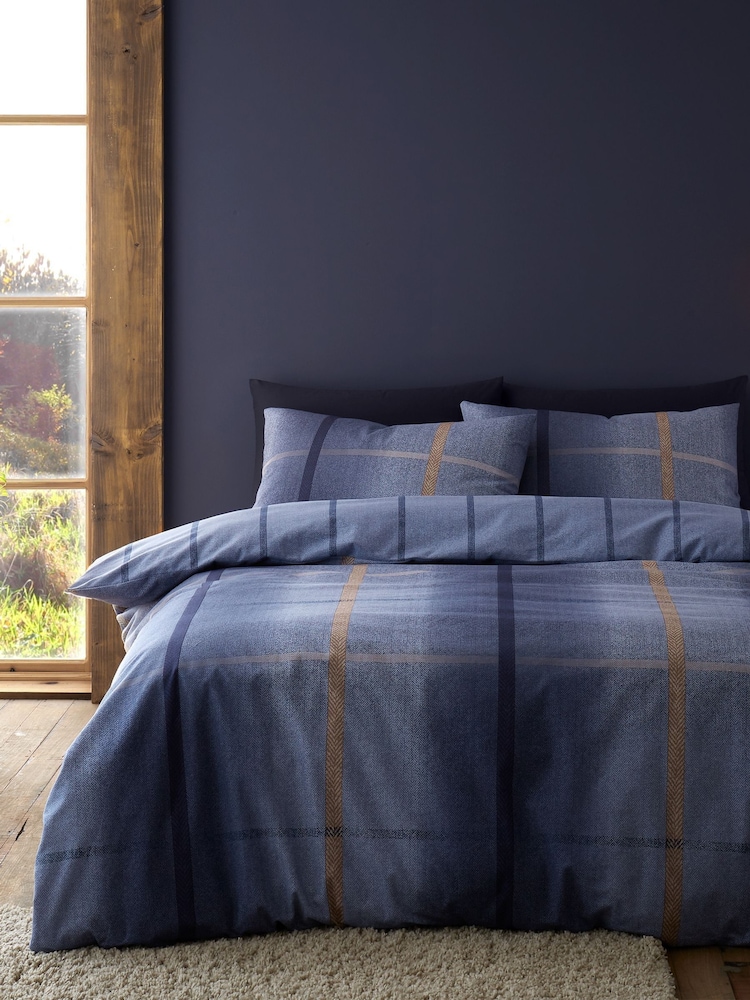 Catherine Lansfield Blue Brushed 100% Cotton Melrose Tweed Check Duvet Cover Set - Image 1 of 3