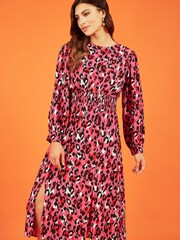 Mela Pink Animal Print Long Sleeve Ruched Midi Dress - Image 1 of 5