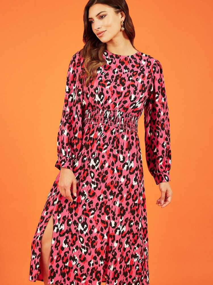Mela Pink Animal Print Long Sleeve Ruched Midi Dress - Image 1 of 5