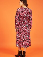 Mela Pink Animal Print Long Sleeve Ruched Midi Dress - Image 2 of 5