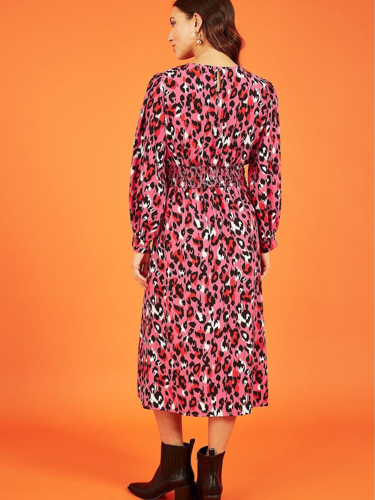 Mela Pink Animal Print Long Sleeve Ruched Midi Dress - Image 2 of 5