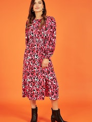Mela Pink Animal Print Long Sleeve Ruched Midi Dress - Image 3 of 5