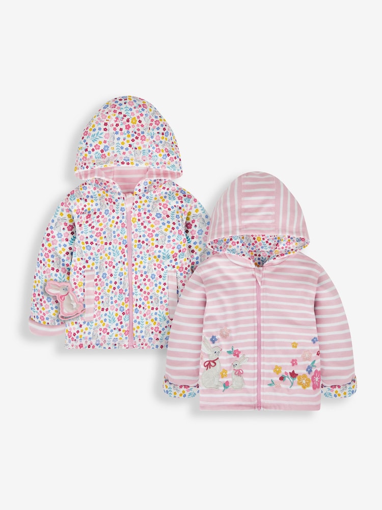 JoJo Maman Bébé Pink Bunny Floral Appliqué Reversible Hoodie With Pet In Pocket - Image 1 of 8