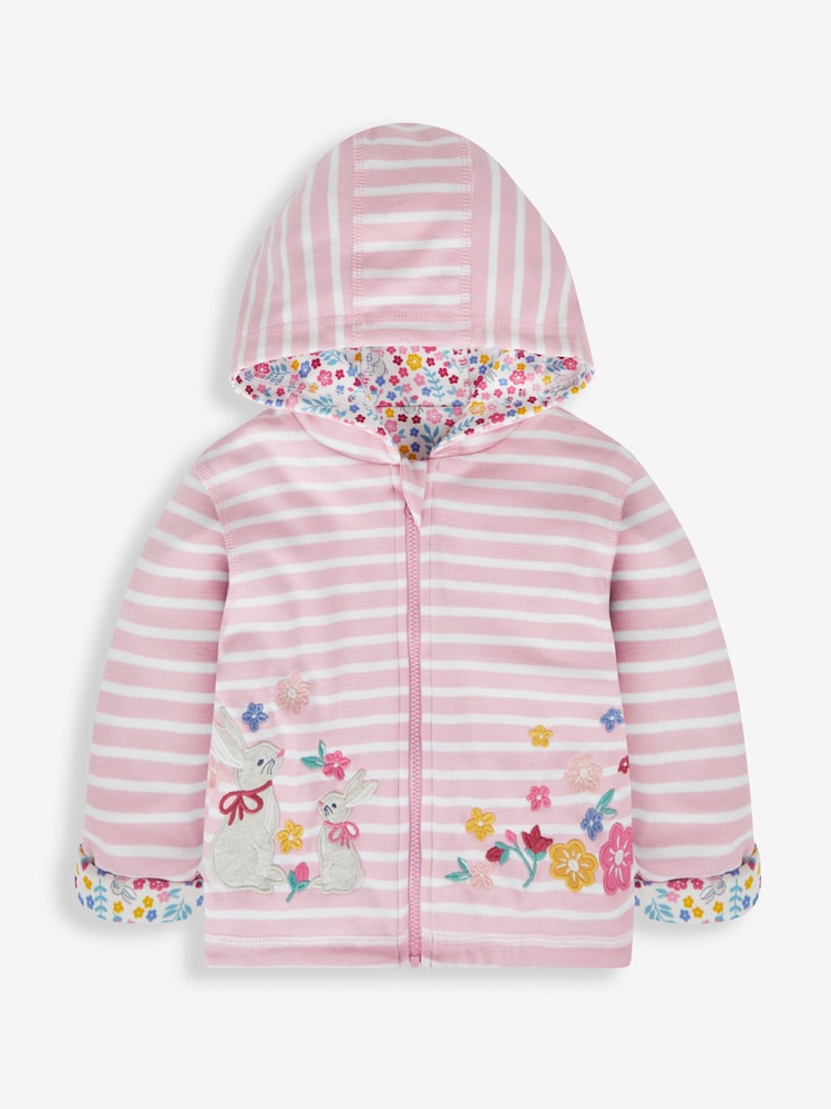 JoJo Maman Bébé Pink Bunny Floral Appliqué Reversible Hoodie With Pet In Pocket - Image 2 of 8