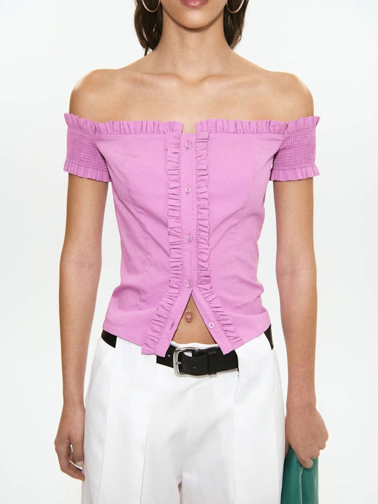 Mango Pink Frill Button Up Bardot Top - Image 1 of 6