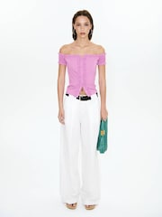 Mango Pink Frill Button Up Bardot Top - Image 2 of 6