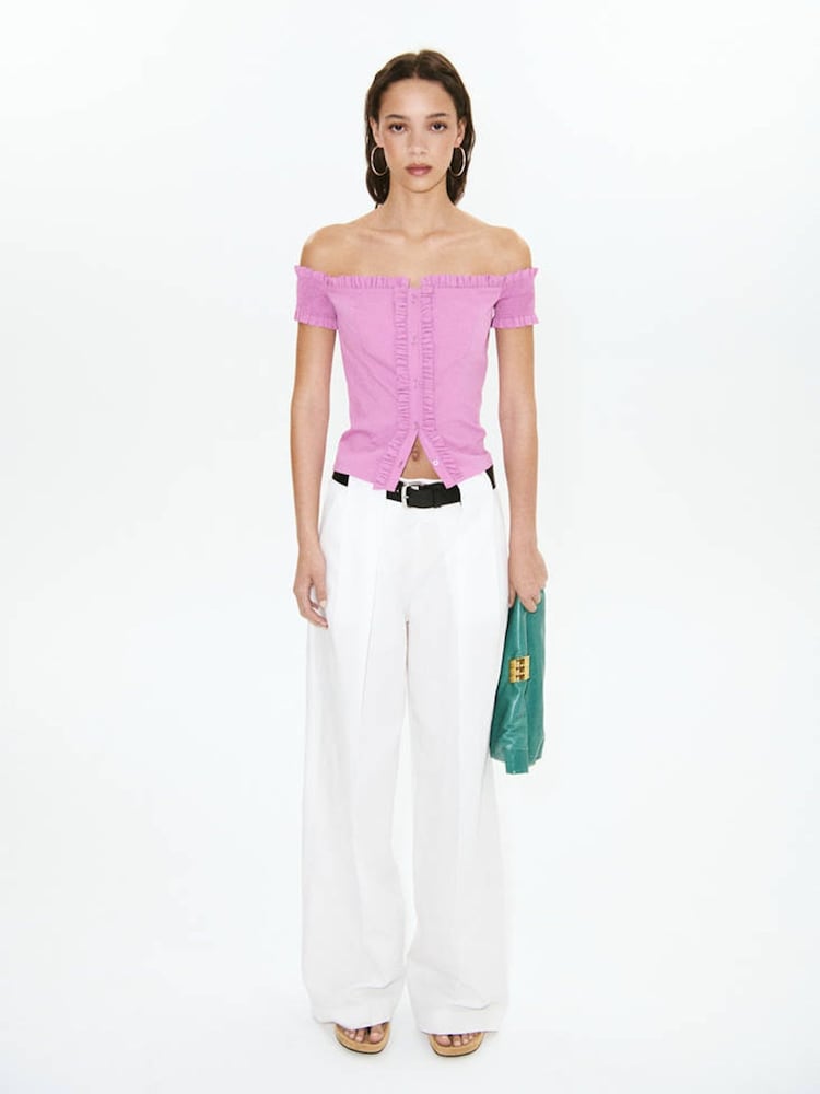 Mango Pink Frill Button Up Bardot Top - Image 2 of 6
