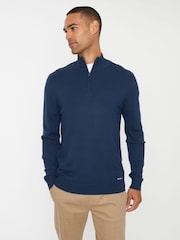 Threadbare Blue Funnel Neck Quarter Zip Knitted Jumper - Image 1 of 4