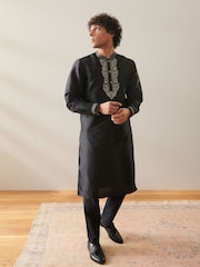 Black Mens Long Length Kurta - Image 1 of 8