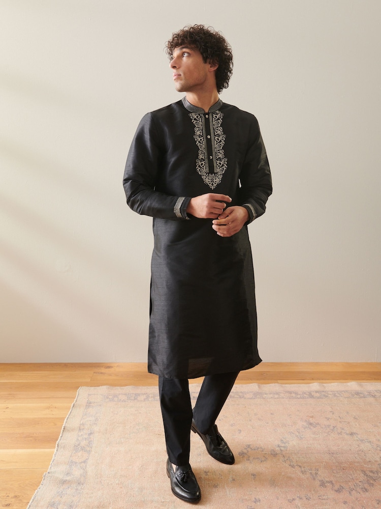 Black Mens Long Length Kurta - Image 1 of 8