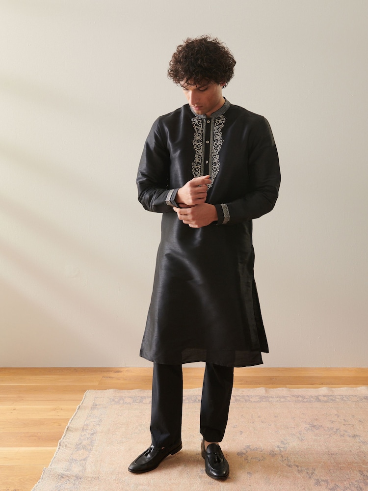 Black Mens Long Length Kurta - Image 2 of 8
