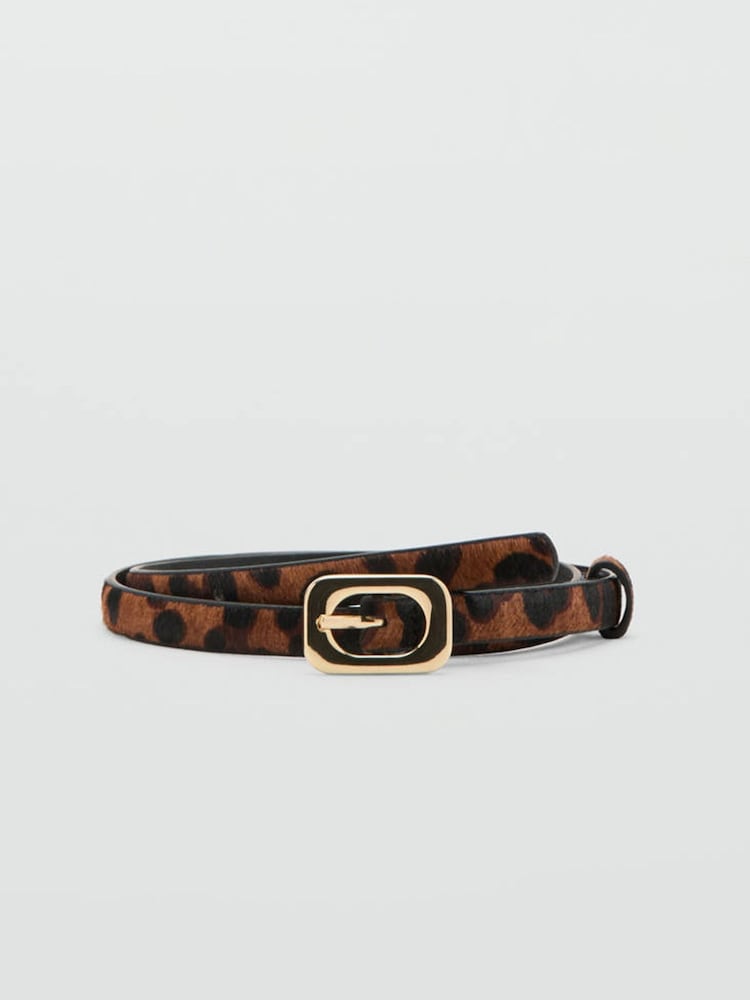 Mango Brown Leopard Slim Gold Buckle Leather Belt - Image 1 of 4