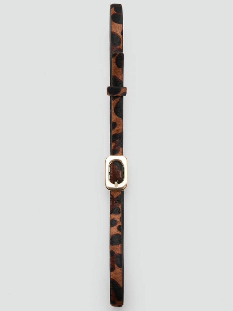 Mango Brown Leopard Slim Gold Buckle Leather Belt - Image 4 of 4