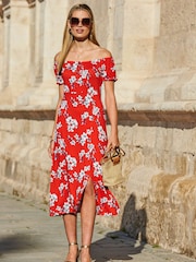 Sosandar Red Floral Print Bardot Midi Dress - Image 1 of 4