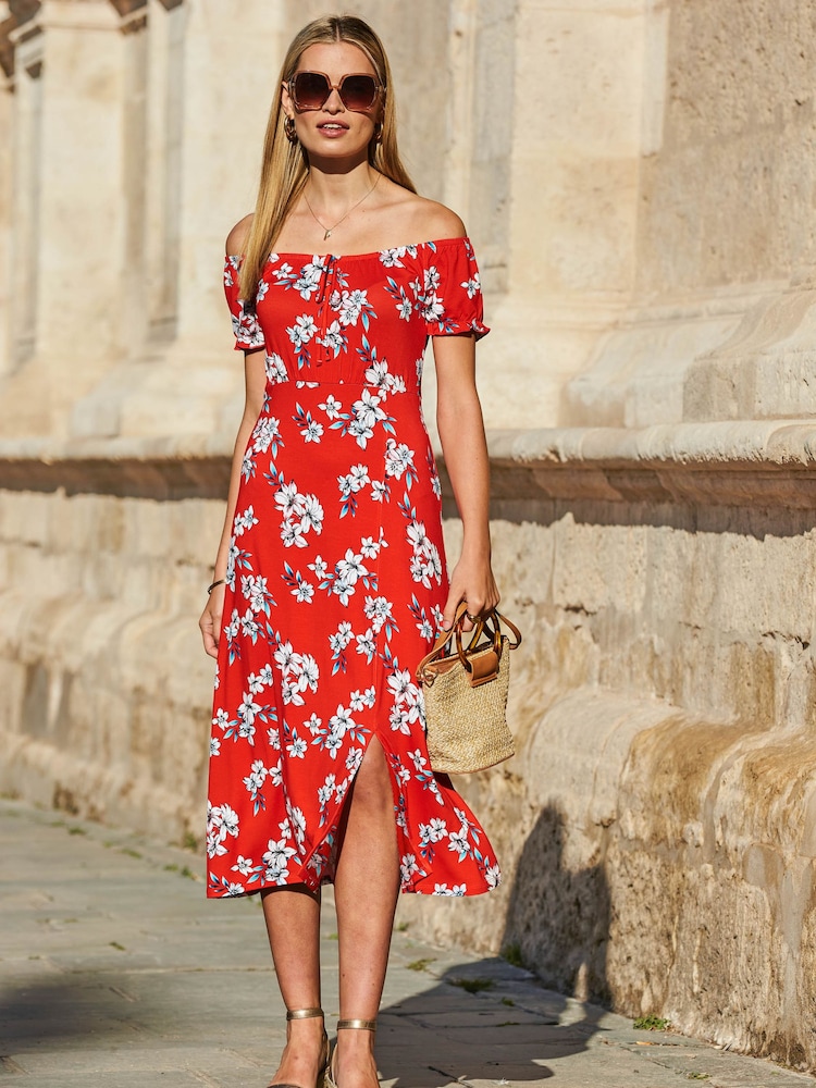 Sosandar Red Floral Print Bardot Midi Dress - Image 1 of 4
