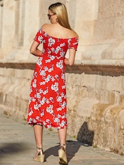 Sosandar Red Floral Print Bardot Midi Dress - Image 2 of 4