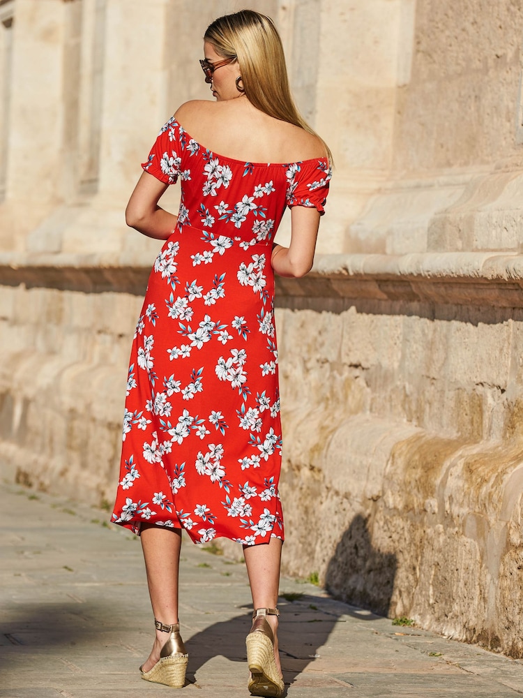 Sosandar Red Floral Print Bardot Midi Dress - Image 2 of 4