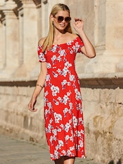 Sosandar Red Floral Print Bardot Midi Dress - Image 3 of 4