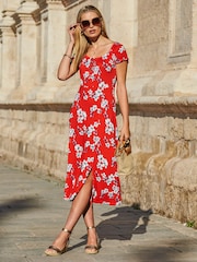 Sosandar Red Floral Print Bardot Midi Dress - Image 4 of 4