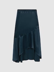 Reiss Teal Inga Satin High Rise Midi Skirt - Image 2 of 6