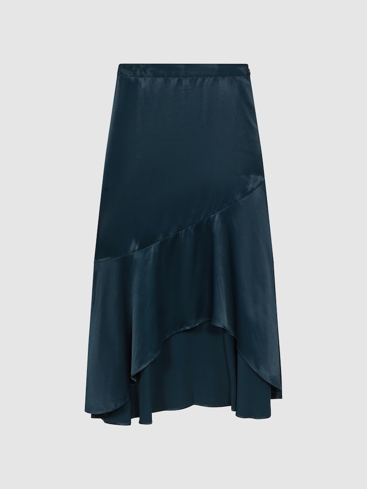 Reiss Teal Inga Satin High Rise Midi Skirt - Image 2 of 6