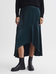 Reiss Teal Inga Satin High Rise Midi Skirt - Image 3 of 6