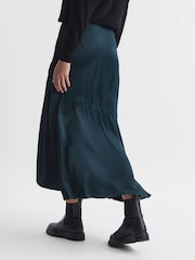 Reiss Teal Inga Satin High Rise Midi Skirt - Image 5 of 6