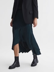 Reiss Teal Inga Satin High Rise Midi Skirt - Image 6 of 6