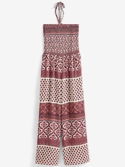 Burgunderrot mit Holzschnittmuster - Gesmokter Bandeau-Overall - Bild 5 von 6