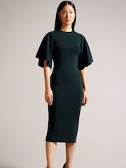 Ted Baker Green Lounia Fluted Sleeve Knitted Bodycon Midi Dress - Image 1 of 5