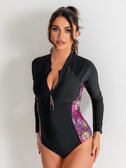 Pour Moi Black & Pink Energy Long Sleeved Swimsuit - Image 1 of 7