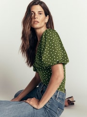 Boden Green Polka Dot Tia Ruched Wrap Top - Image 3 of 4