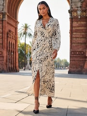 Sosandar Black/White Print Mock Wrap Tiered Midaxi Dress - Image 3 of 5