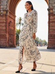 Sosandar Black/White Print Mock Wrap Tiered Midaxi Dress - Image 4 of 5