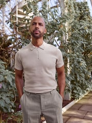 Neutral Knitted Regular Fit Zip Polo Shirt - Image 1 of 6