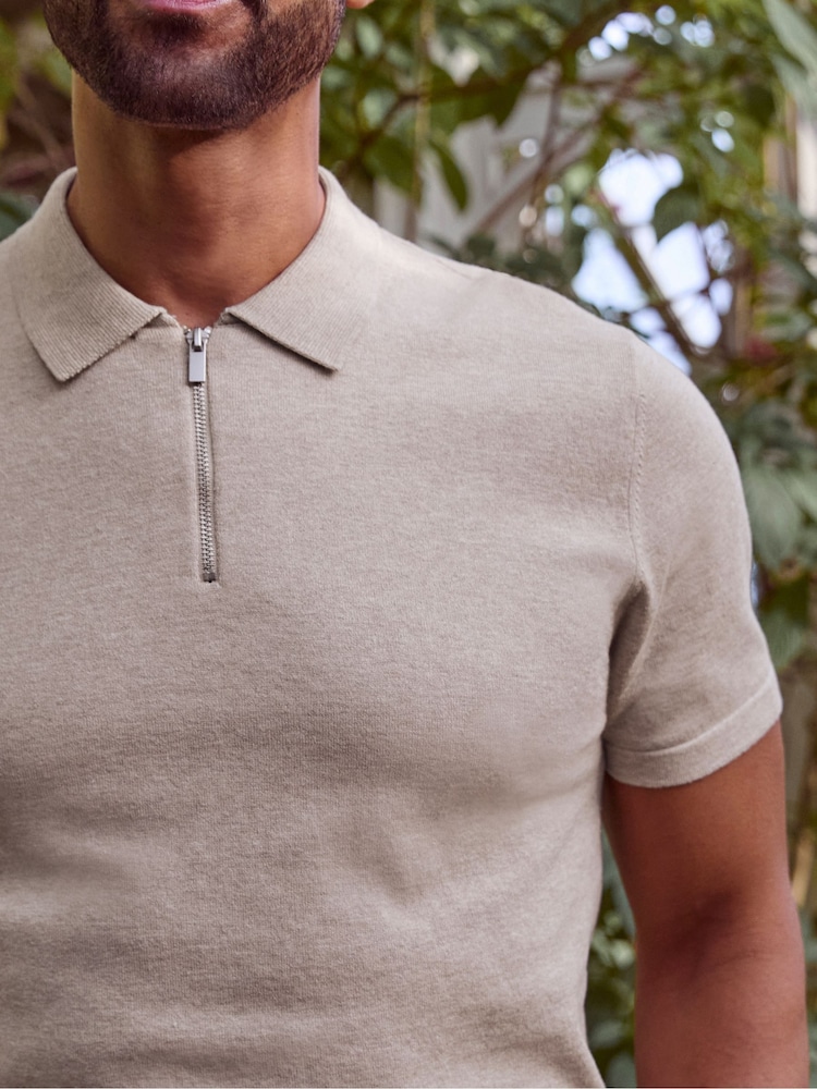 Neutral Knitted Regular Fit Zip Polo Shirt - Image 3 of 6