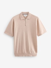 Neutral Knitted Regular Fit Zip Polo Shirt - Image 4 of 6