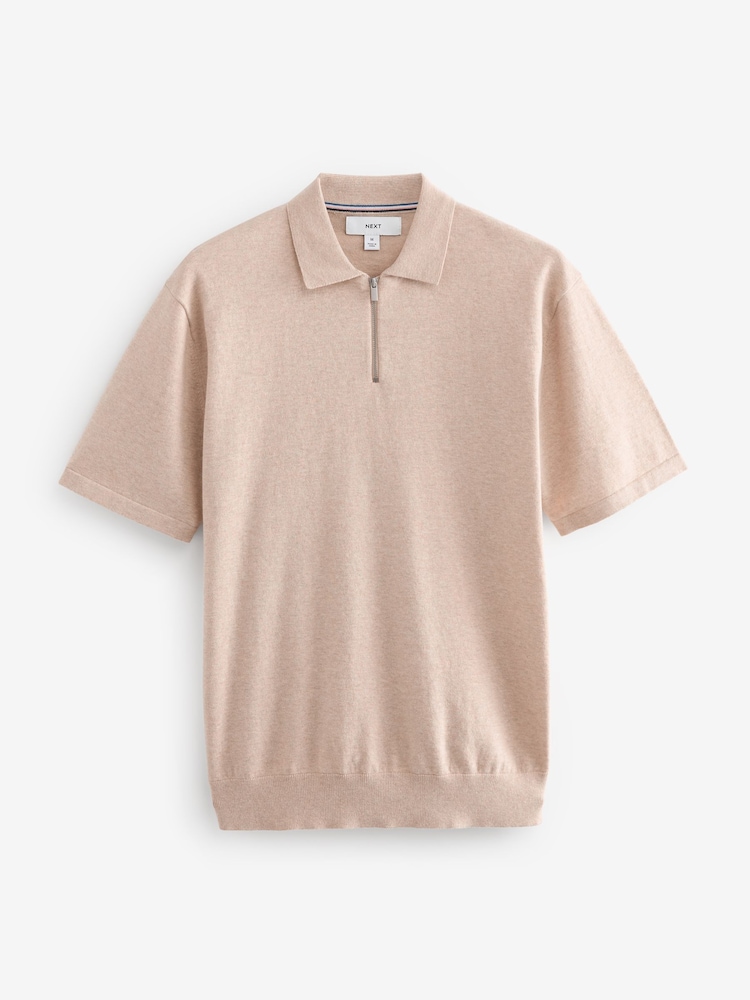 Neutral Knitted Regular Fit Zip Polo Shirt - Image 4 of 6