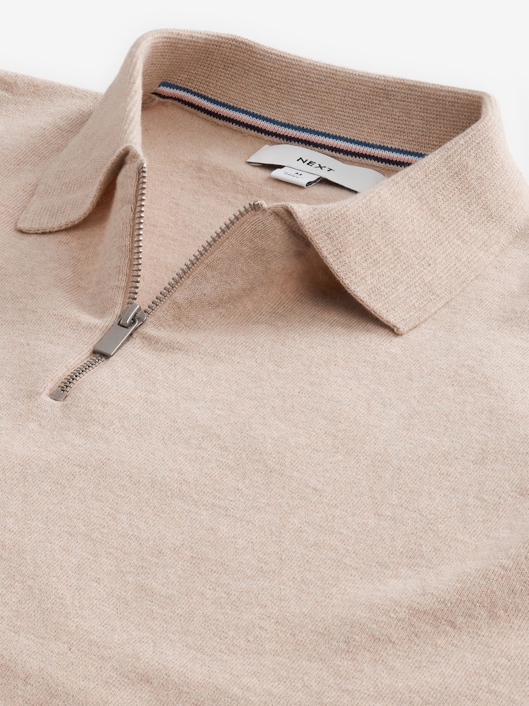 Neutral Knitted Regular Fit Zip Polo Shirt - Image 5 of 6