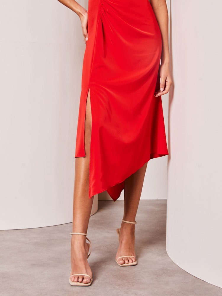 Lipsy Red Cowl Neck Drape Front Ruched Midi Dress - Image 4 of 5