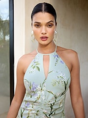 Lipsy Sage Floral Petite Halter Ruched Front Midi Dress - Image 2 of 4