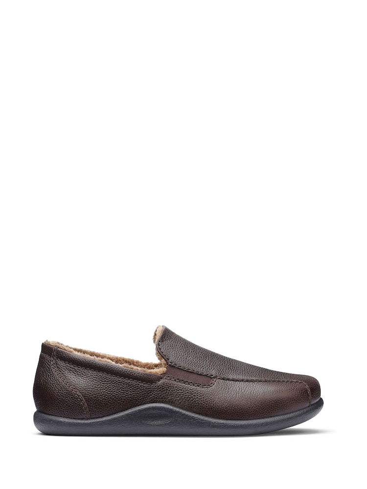 Hotter Dark Brown Grainy Leather Standard Fit Relax Slip-On Slippers - Image 1 of 4 Hotter Dark Brown Grainy Leather Standard Fit Relax Slip-On Slippers - Image 1 of 4