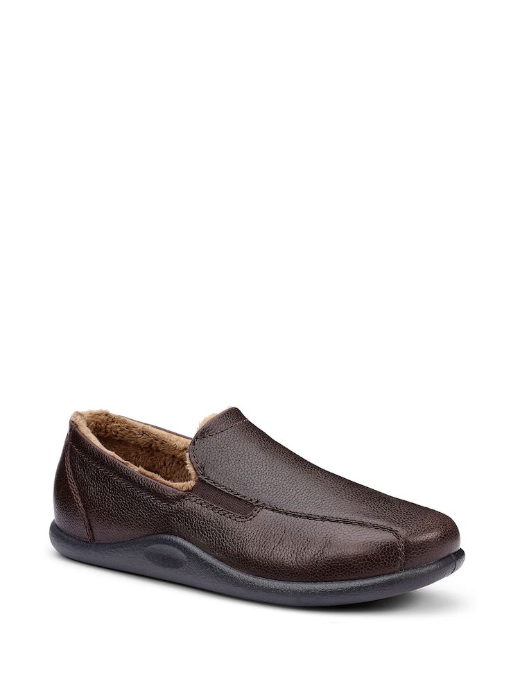 Hotter Dark Brown Grainy Leather Standard Fit Relax Slip-On Slippers - Image 2 of 4 Hotter Dark Brown Grainy Leather Standard Fit Relax Slip-On Slippers - Image 2 of 4