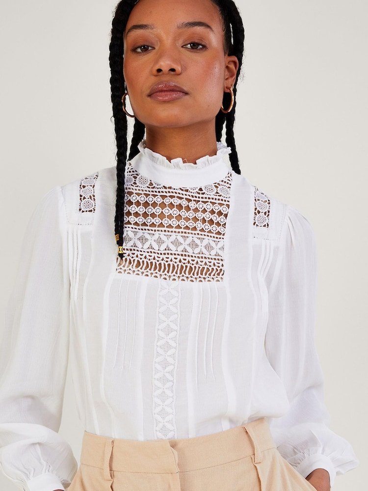 Monsoon Natural Rachel Lace Victoriana Top in Sustainable Viscose - Image 1 of 1 Monsoon Natural Rachel Lace Victoriana Top in Sustainable Viscose - Image 1 of 1