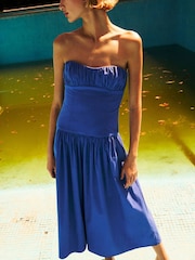 Mango Blue Strapless Ruched Detail Midi Dress - Image 1 of 7